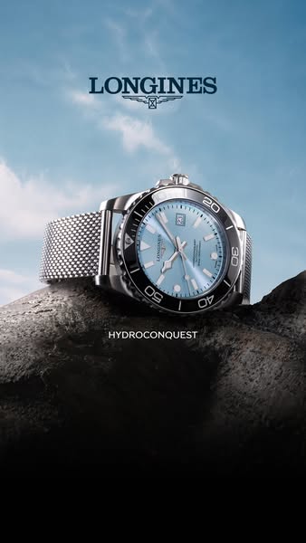 This image ad showcases a Longines HydroConquest watch, emphasizing its design and connection to outdoor adventures thro