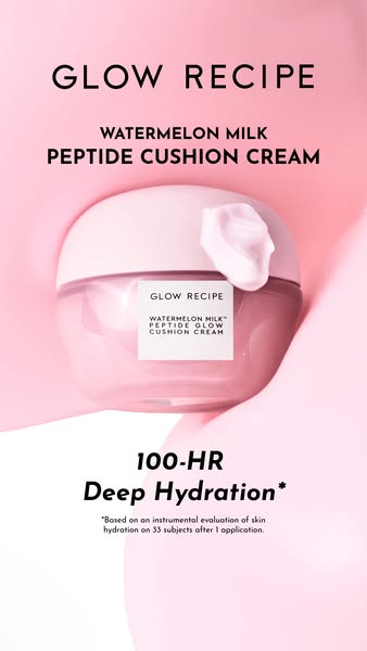 This image ad for Glow Recipe's Watermelon Milk Peptide Cushion Cream focuses on the product's hydrating feature