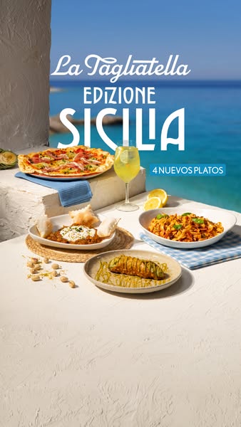 The ad showcases a variety of food and drink items available from La Tagliatella's Edizione Sicilia, highlighting a 