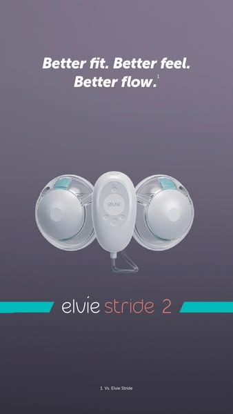This ad showcases the Elvie Stride 2 breast pump, highlighting its improved fit, feel, and flow compared to the original