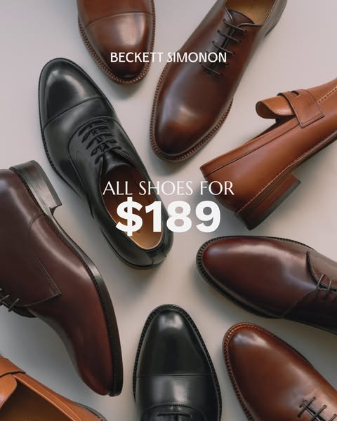 This image ad showcases a variety of men's dress shoes from Beckett Simonon, all priced at $189. The ad aims to attr