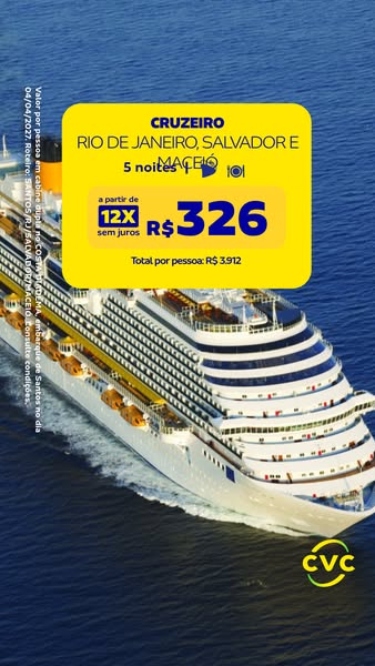 The ad promotes cruises from Rio de Janeiro and Salvador. It advertises 5-night cruises to Maceió for R$326, payable in 