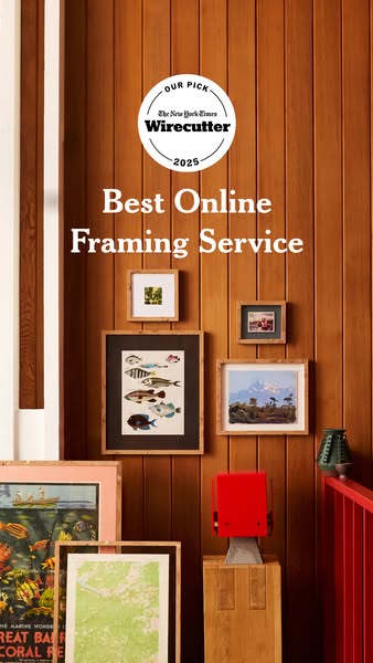 This ad promotes an online framing service, highlighting its recognition as 'Our Pick' by The New York Times Wir