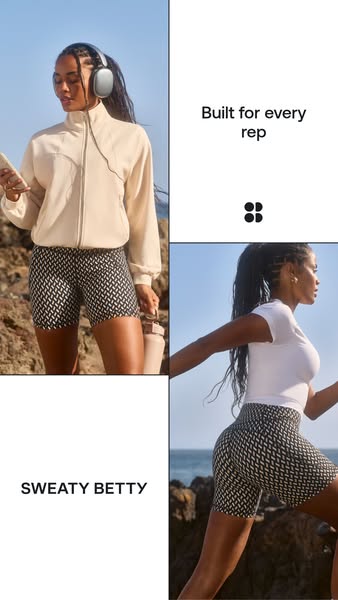 This Sweaty Betty ad uses a split panel to showcase two different views of a woman exercising outdoors in athletic appar