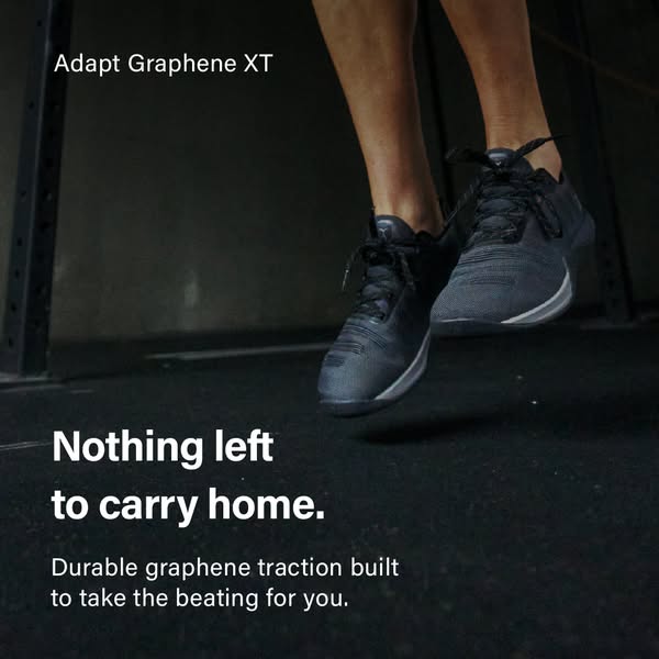 This image ad showcases the Adapt Graphene XT shoe, emphasizing its durability and graphene traction, suggesting it can 