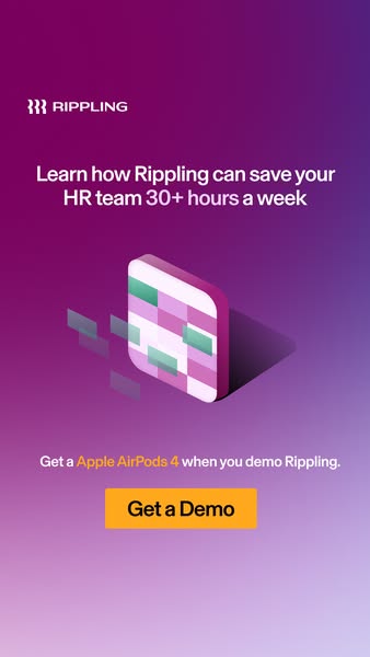 This ad promotes Rippling, a software solution for HR teams, by highlighting its ability to save 30+ hours per week. It 