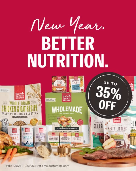 This image ad for The Honest Kitchen promotes better nutrition for pets in the new year, offering up to 35% off for firs