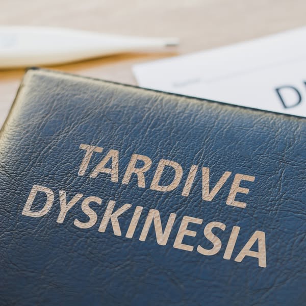 This image ad features a close-up of a medical reference book with the words 'Tardive Dyskinesia' on the cover, 