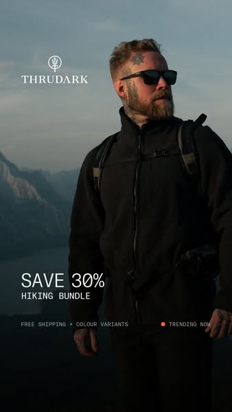 This image ad promotes the brand Thrudark and their hiking bundle. The image shows a man in a black jacket in front of a