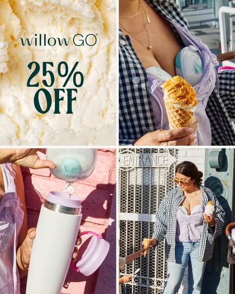 This ad features a collage of four images promoting Willow Go breast pumps with a 25% discount. The collage showcases mo