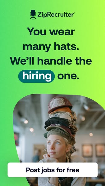 This ZipRecruiter ad uses the visual metaphor of a woman wearing many hats to represent the many roles a business owner 