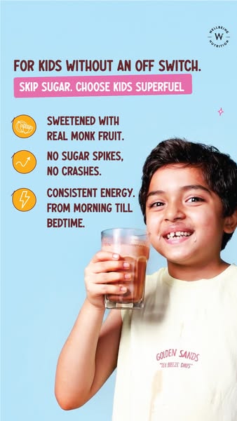 This ad from Wellbeing Nutrition promotes Kids Superfuel drink mix as a healthy and sugar-free alternative for children.
