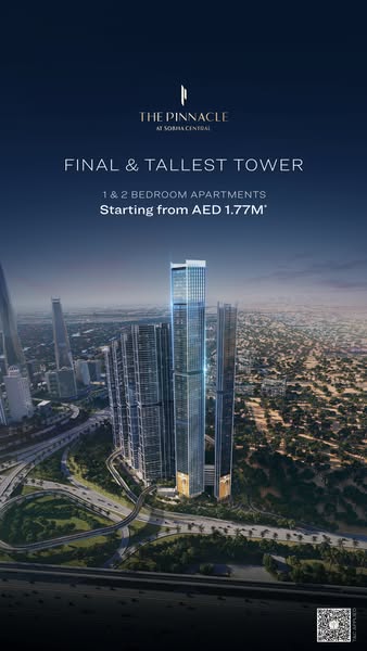 This image ad promotes 1 & 2 bedroom apartments at The Pinnacle at Sobha Central. It emphasizes the tower's heig