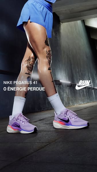 This ad showcases the Nike Pegasus 41 running shoes, emphasizing their design and connection to the running experience. 