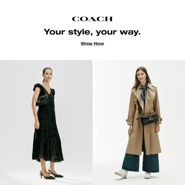 This Coach ad showcases two different models wearing the brand's bags in distinct styles, emphasizing the versatilit