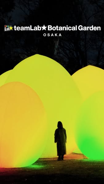 This image ad promotes the teamLab Botanical Garden in Osaka, featuring a person standing among illuminated, oversized s