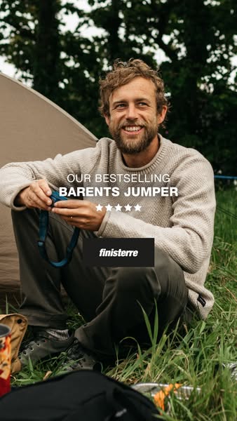 This ad features a man wearing the Barents Jumper from Finisterre. The ad highlights the product's popularity with a