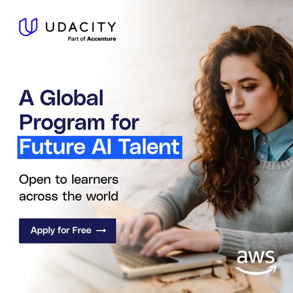This ad promotes Udacity's global program for future AI talent. It features a woman using a laptop and includes a ca