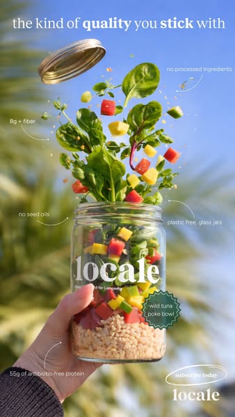 This ad promotes Locale, emphasizing the quality and health benefits of their wild tuna poke bowl. The ad uses a clean, 