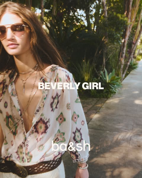 This ad showcases a young woman in a casual, bohemian-inspired outfit from ba&sh, highlighting the brand's '