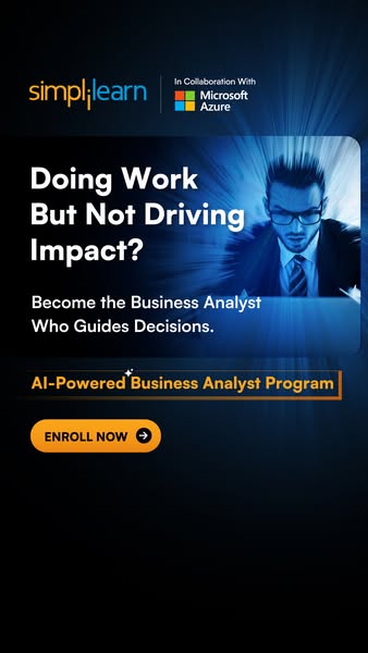 This image ad promotes Simplilearn's AI-Powered Business Analyst Program by highlighting the problem of doing work w