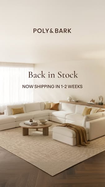 A living room scene promoting Poly & Bark furniture that is back in stock and shipping within 1-2 weeks.