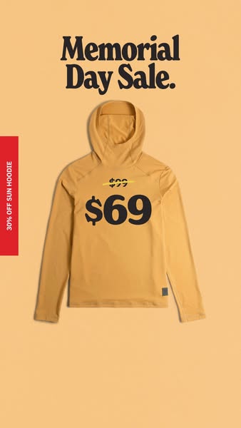 This static image ad promotes the sale of a sun hoodie for $69 during a Memorial Day Sale. The original price of $99 is 
