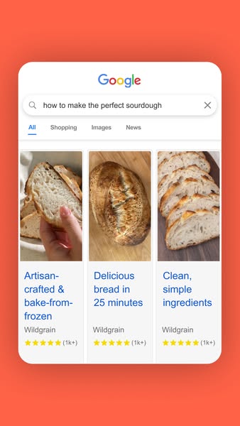 Wildgrain ad formatted like a Google search result showing the benefits of Wildgrain bread.