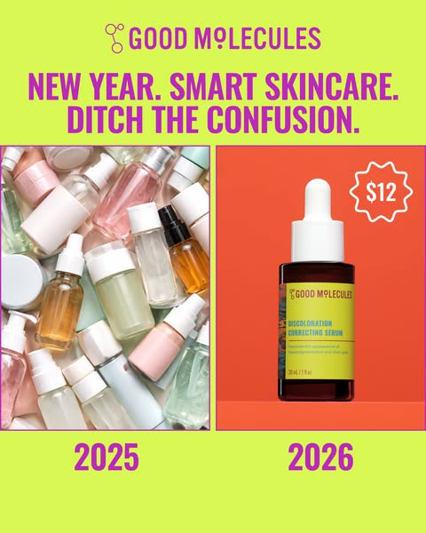 This image ad for Good Molecules Discoloration Correcting Serum uses a before-and-after comparison to highlight the prod