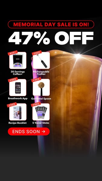 This ad promotes a Memorial Day sale for Coffee+. The sale includes a 47% discount, as well as free gifts with purchase.