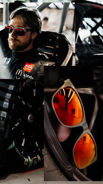 This ad features a close-up of a race car driver wearing a pair of sunglasses with orange lenses. Another pair of the sa
