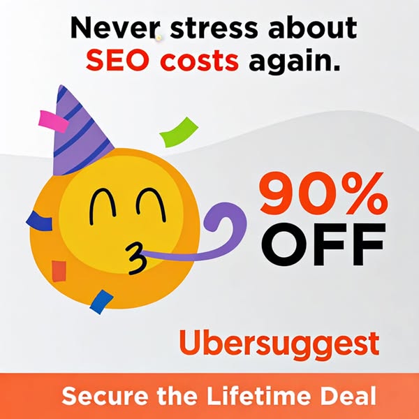 This ad for Ubersuggest features a cartoon graphic of a smiling face wearing a party hat, along with the text, "Nev