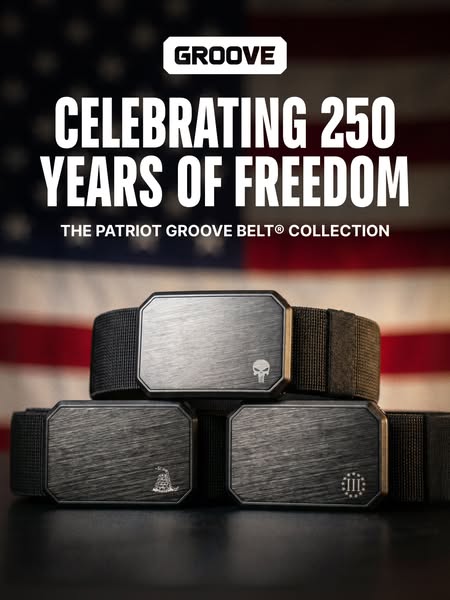 This image ad showcases the Patriot Groove Belt Collection against an American flag backdrop, celebrating 250 years of f