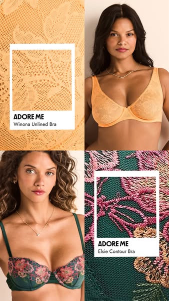 This ad features 2 women wearing Adore Me bras in different colors. Each woman is paired with a close up of the bra fabr