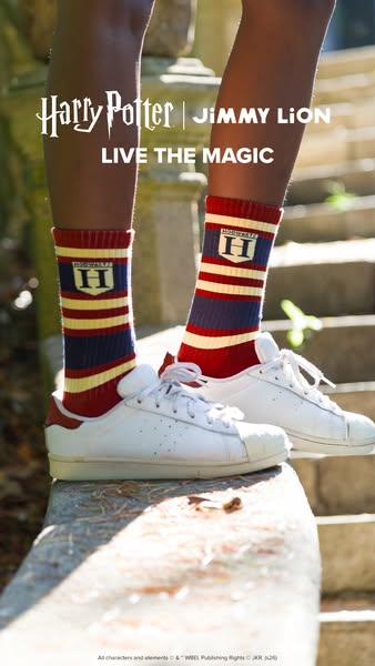 The image shows a pair of socks from the Harry Potter and Jimmy Lion collaboration. The ad showcases the socks' desi