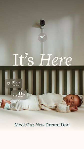 This ad showcases a baby monitor and wearable sensor that tracks a baby's pulse rate and oxygen levels.