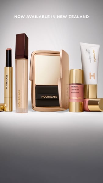 This image ad showcases a variety of Hourglass makeup products. The image is used to announce that Hourglass is now avai