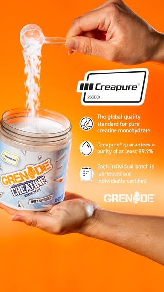 This ad for Grenade Creatine Monohydrate highlights its purity and high-quality lab testing.