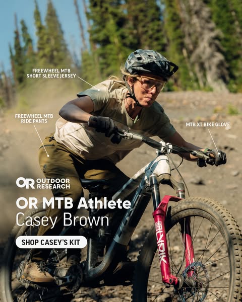 This ad for Outdoor Research (OR) promotes their line of mountain biking apparel and gear by featuring professional moun