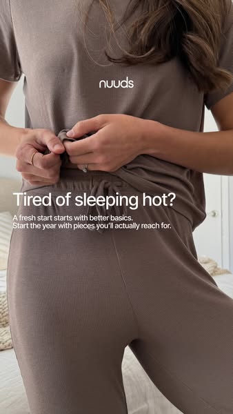 This image ad for Nuuds features a person wearing a matching set of loungewear. The ad copy highlights the comfort and b
