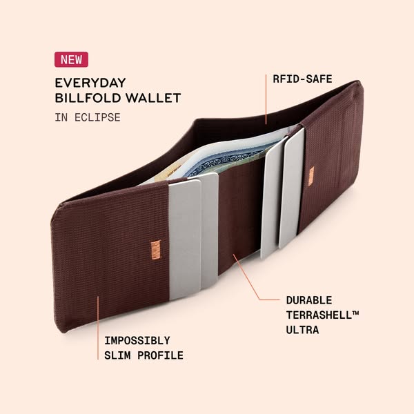 This ad showcases a brown everyday billfold wallet in eclipse. The ad highlights the wallet's slim profile, RFID saf