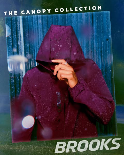 This ad showcases Brooks' Canopy Collection, featuring a hooded jacket designed for running in wet conditions. The a