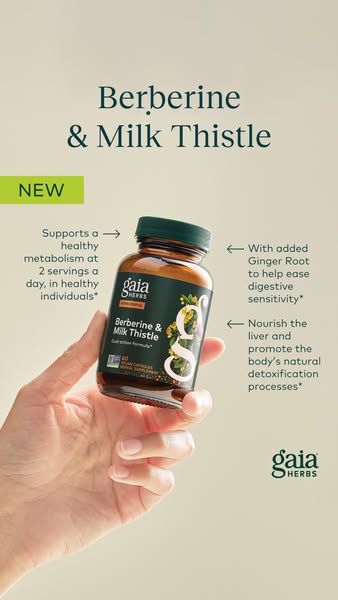 This ad for Gaia Herbs Berberine & Milk Thistle highlights the product's benefits, including supporting a health