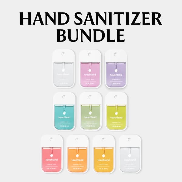 This ad features a collection of Touchland hand sanitizers in various colors, promoting a 'Hand Sanitizer Bundle'