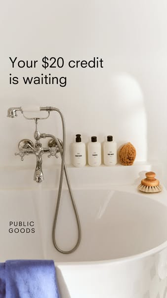 This Public Goods ad features a bright bathroom scene with a minimalist aesthetic. It promotes the brand by offering the