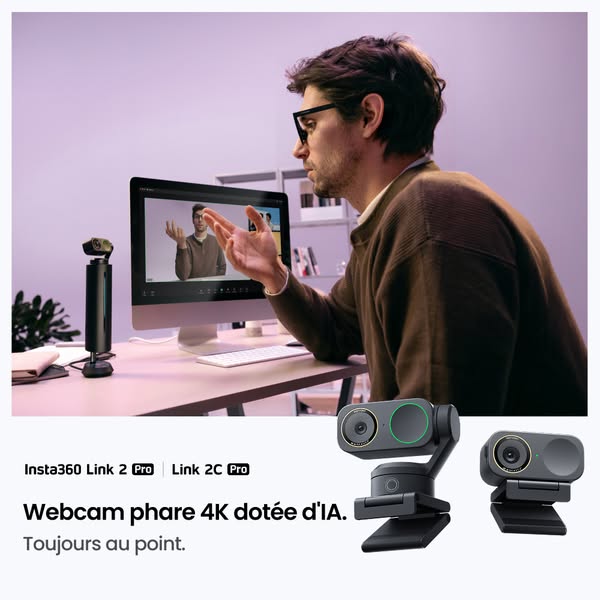 This ad showcases the Insta360 Link 2 Pro and Link 2C Pro webcams, highlighting their 4K resolution and AI capabilities.