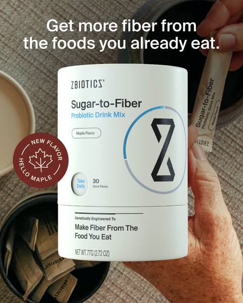 This ad promotes Zbiotics' Sugar-to-Fiber Probiotic Drink Mix in a new maple flavor. It highlights the product's