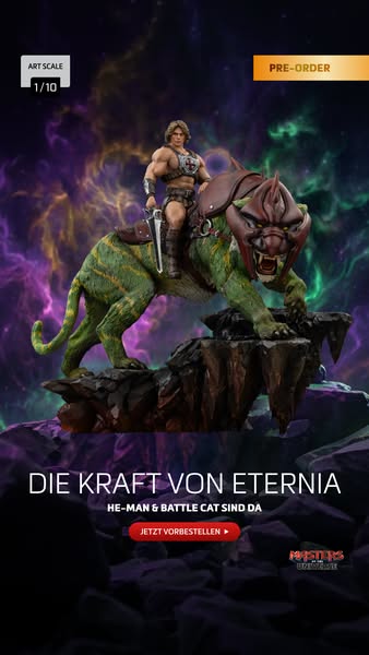 This ad showcases a collectible figurine of He-Man riding Battle Cat against a cosmic background, inviting fans to pre-o
