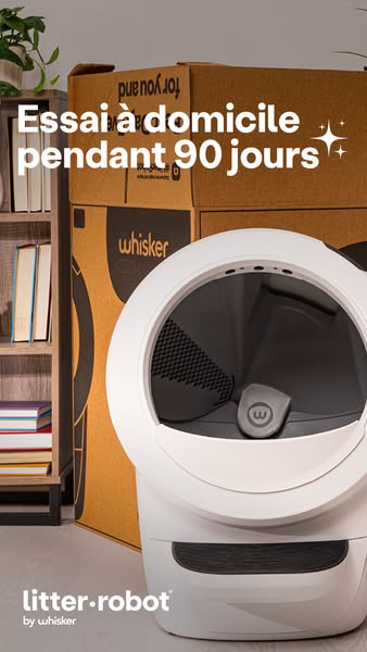 This ad promotes the Litter Robot, an automatic, self-cleaning litter box for cats. The ad highlights a 90-day in-home t