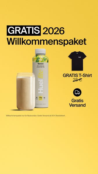 This ad features a bottle of Huel banana-flavored complete light meal next to a glass of prepared Huel. The ad promotes 